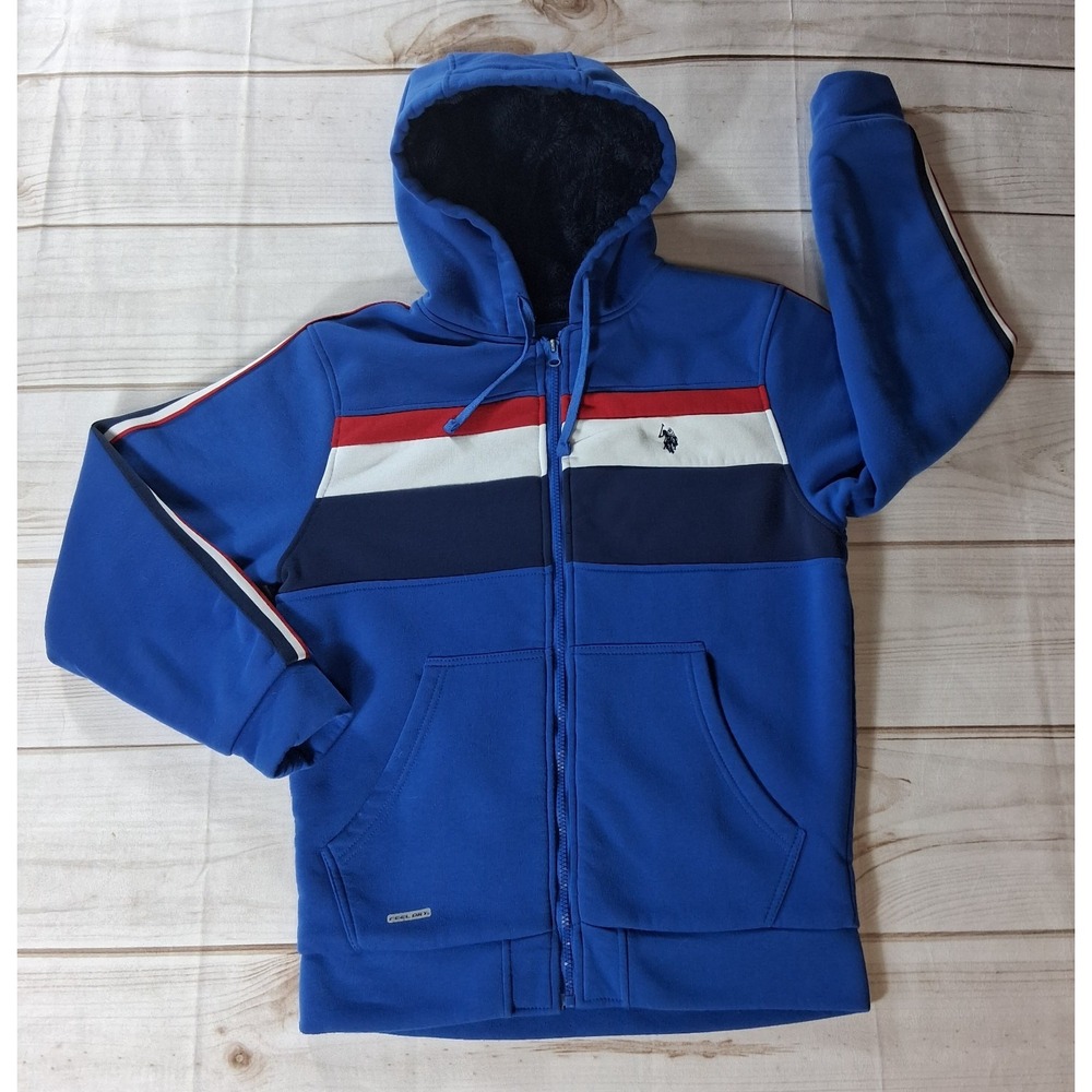 US Polo Assn Sherpa Lined Full Zip Hoodie Mens Small Blue Stripe Fleece
